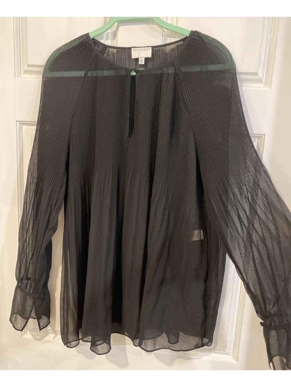 Witchery Black Sheer Pleated Long Sleeve Top Flowy Boho Sz. 14 Whimsical Layer